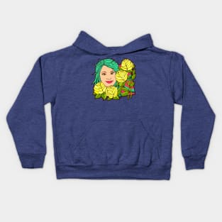 Green Haired Woman with Yellow Roses Kids Hoodie